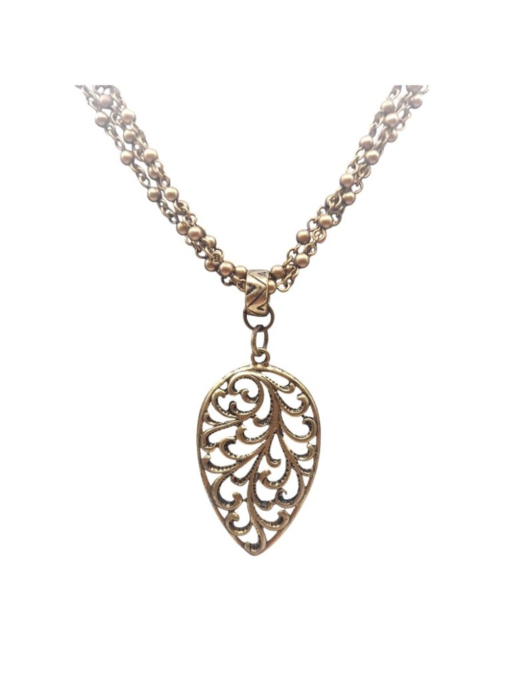 Sarah Coventry Filigree Necklace Leaf Pendant Gold Tone Multi-Strand 24" Vintage